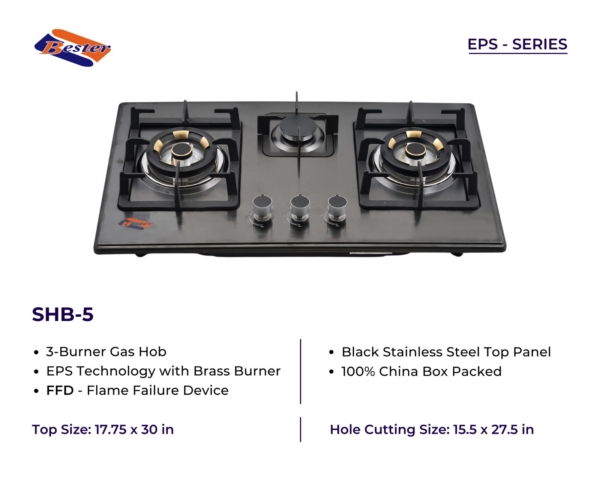 BESTER 3-Burner Gas Hob | Black Steel Panel, EPS Tech & Flame Failure Device