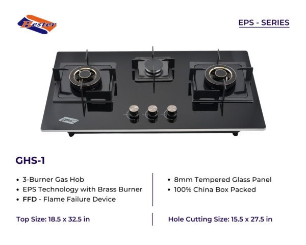 BESTER 3-Burner Gas Hob | Tempered Glass Panel, EPS Tech & Flame Failure Device