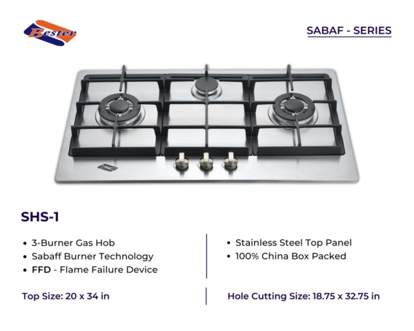 BESTER 3-Burner Gas Hob | Stainless Steel Panel, EPS Tech & Flame Failure Device