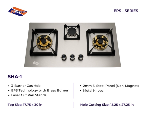 BESTER 3-Burner Gas Hob – Brass Burners, EPS Technology