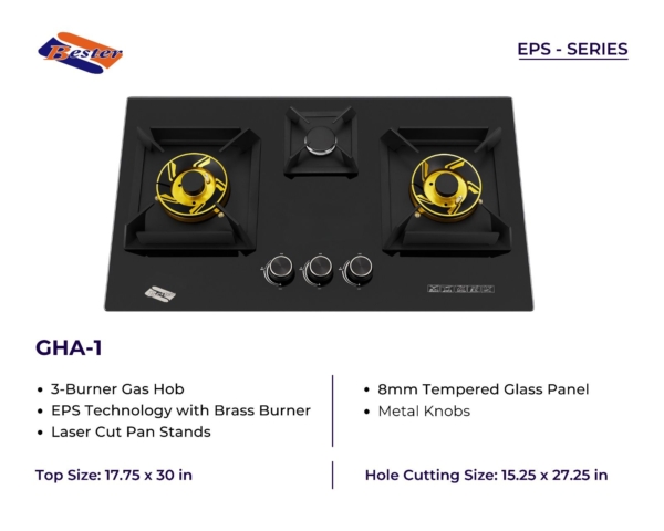 BESTER 3-Burner Gas Hob – Brass Burners, Tempered Glass, EPS Technology